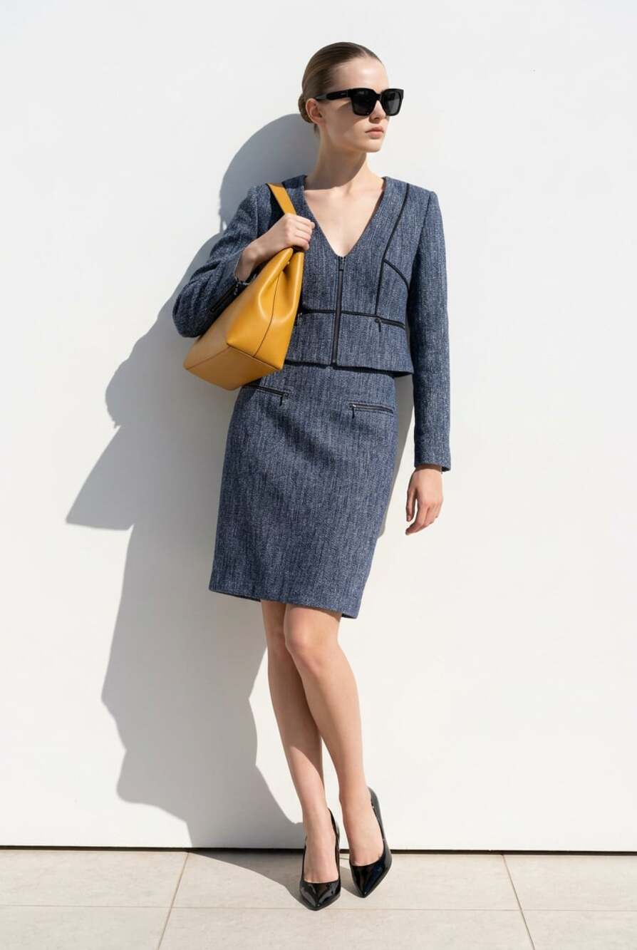 Ann Taylor Size 6 Blue Tweed Zip-Front Blazer and Skirt Suit Set